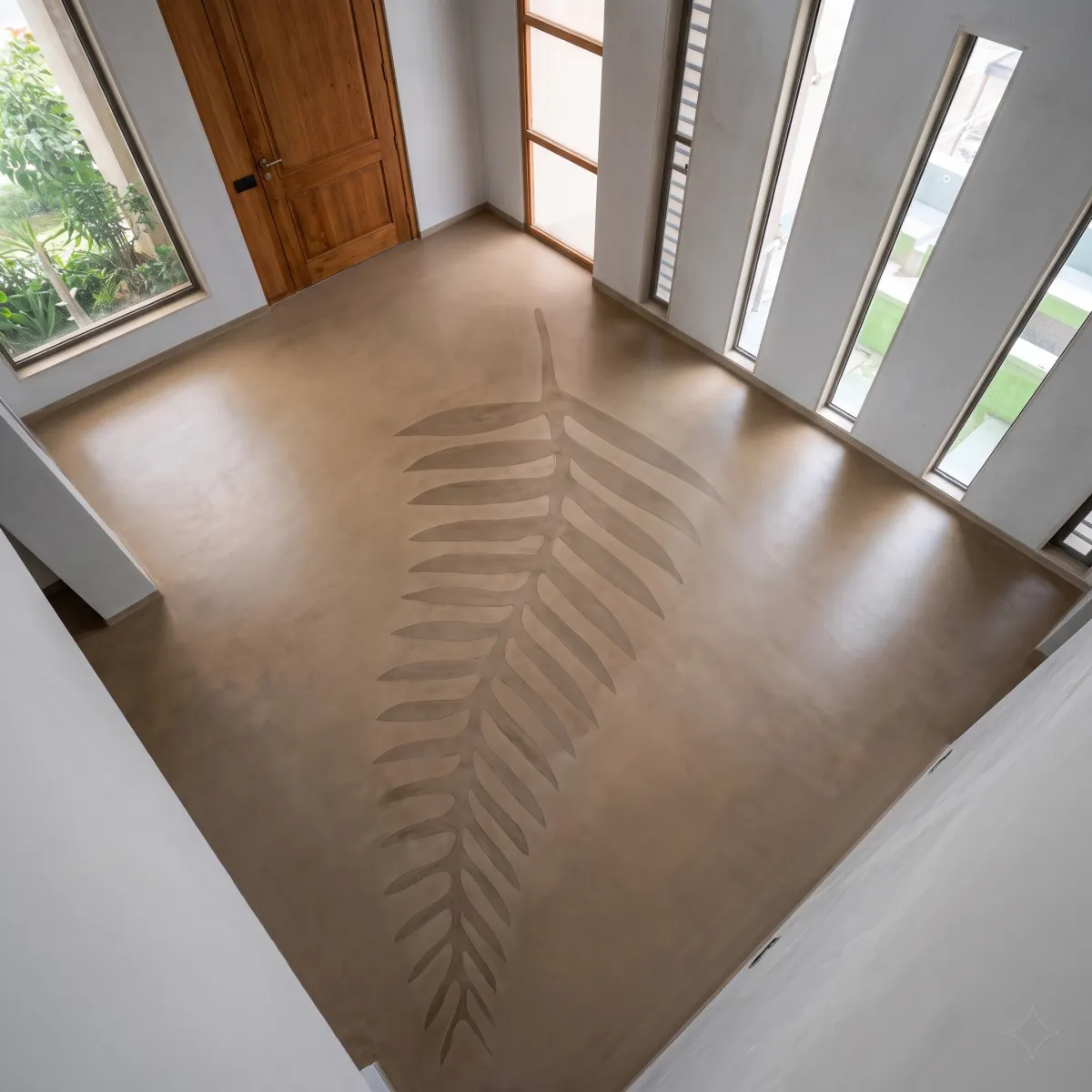 Brown flooring beside tall windows