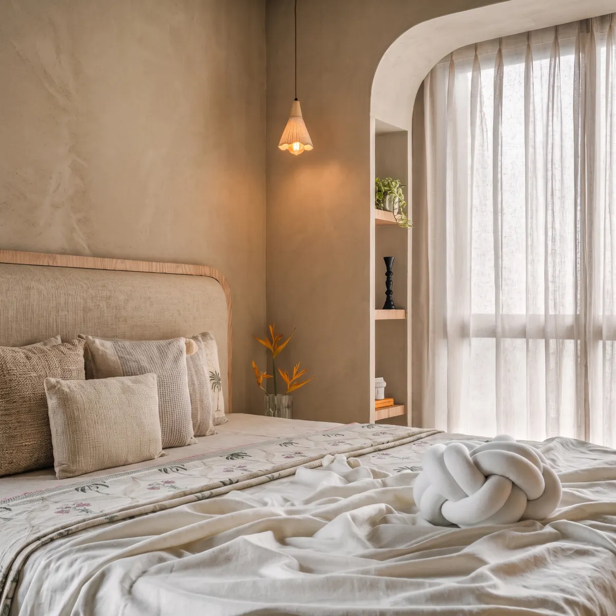 Textured bedroom walls with rounded window recess