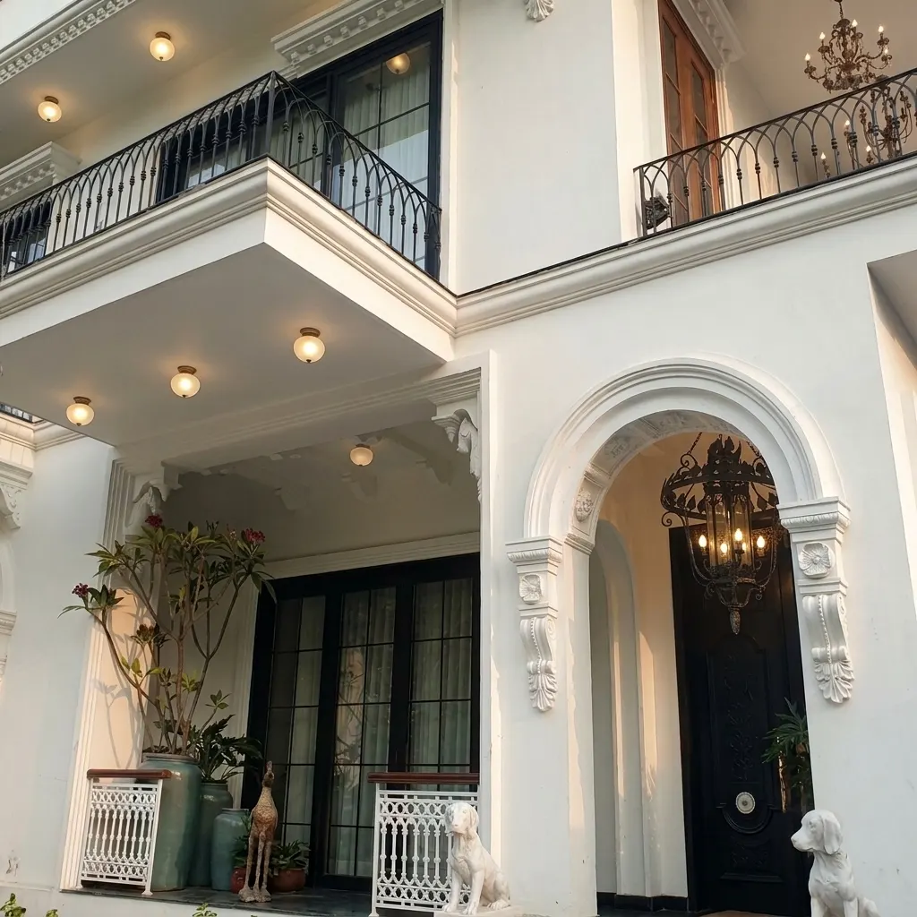 White exterior wall finish with arched doorway