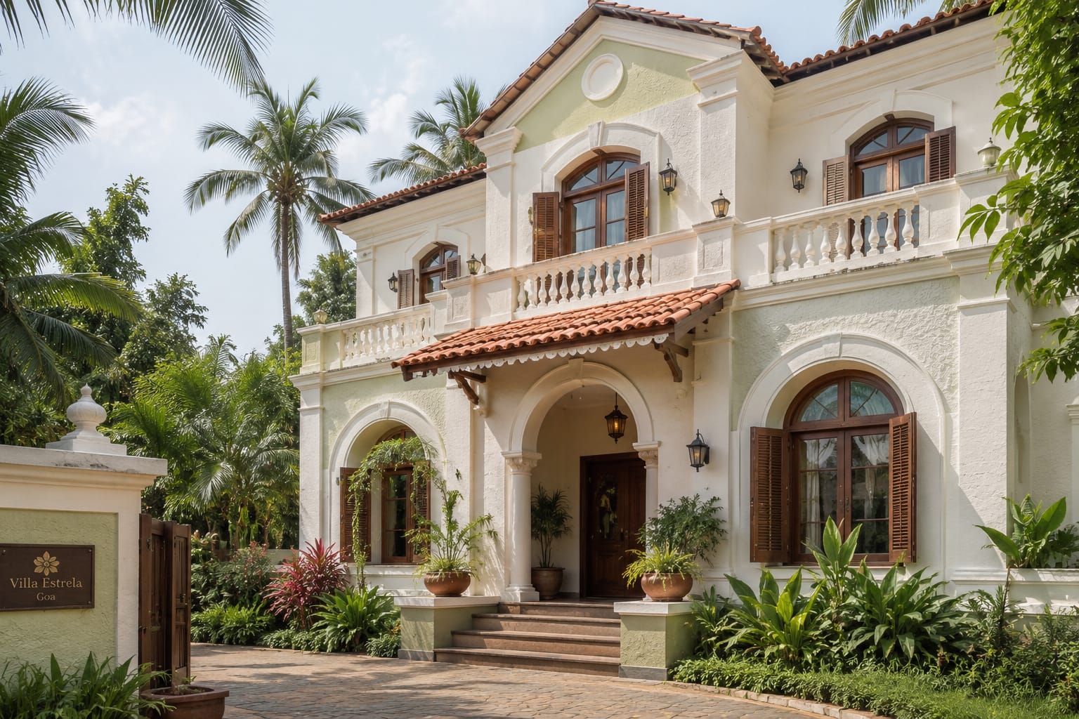 Cream villa exterior with arched entrances