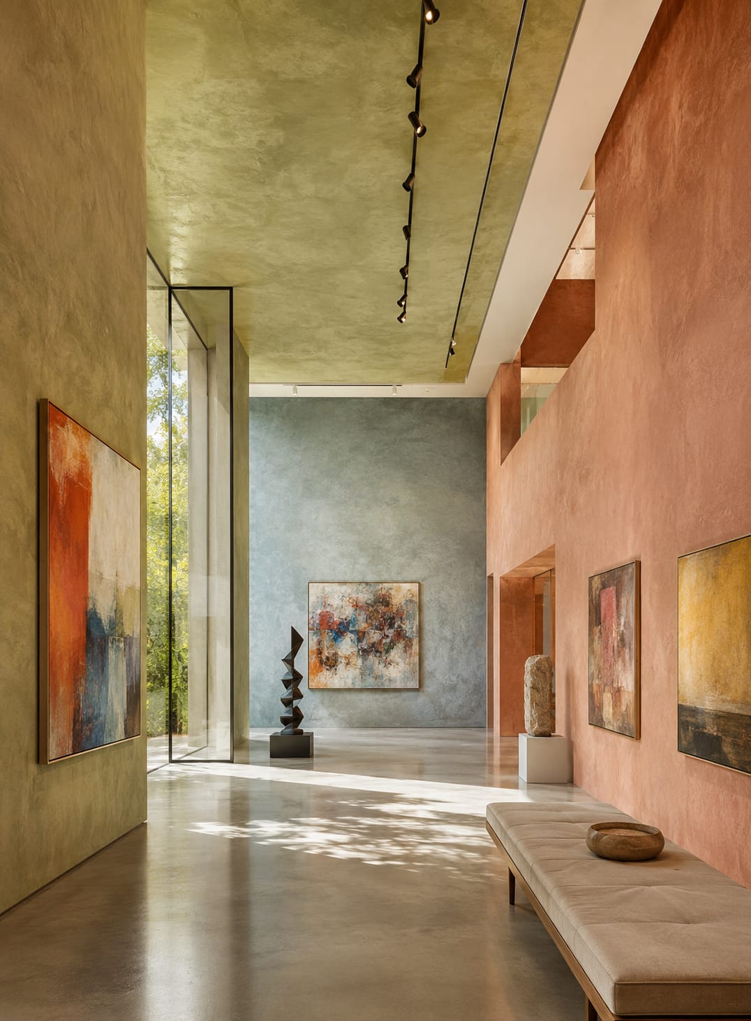 Green and terracotta textured gallery walls