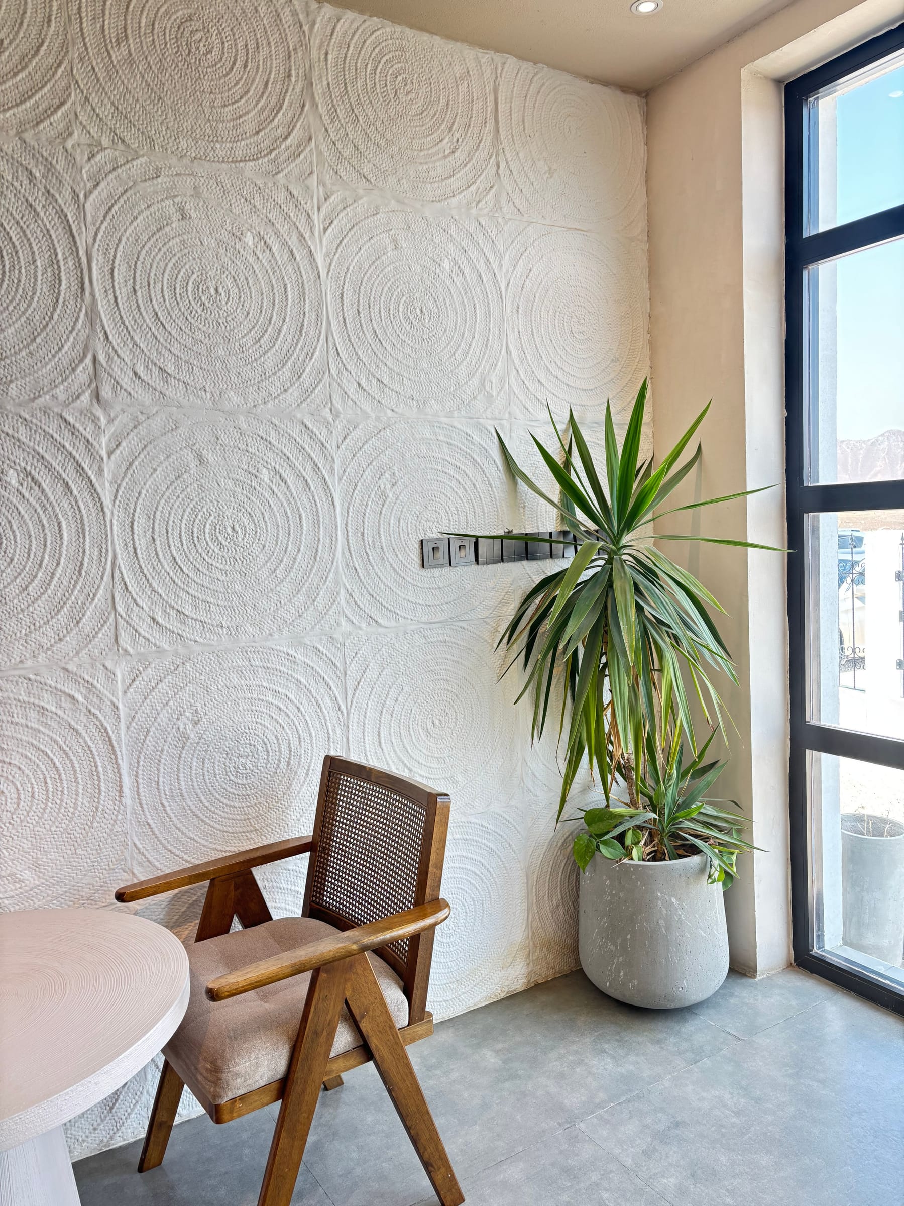 Pale textured wall with raised curved pattern