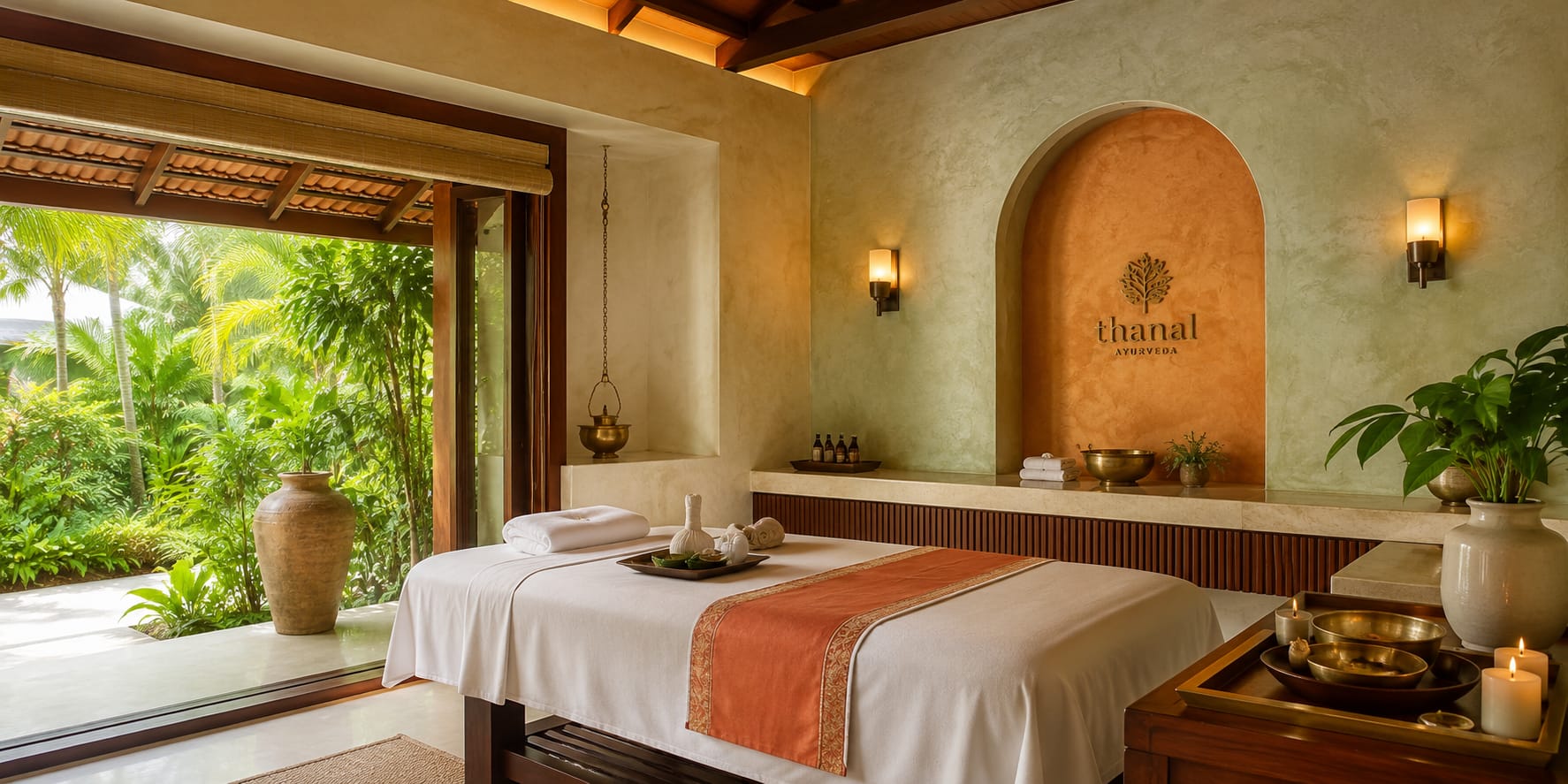 Textured bedroom walls with orange arched niche