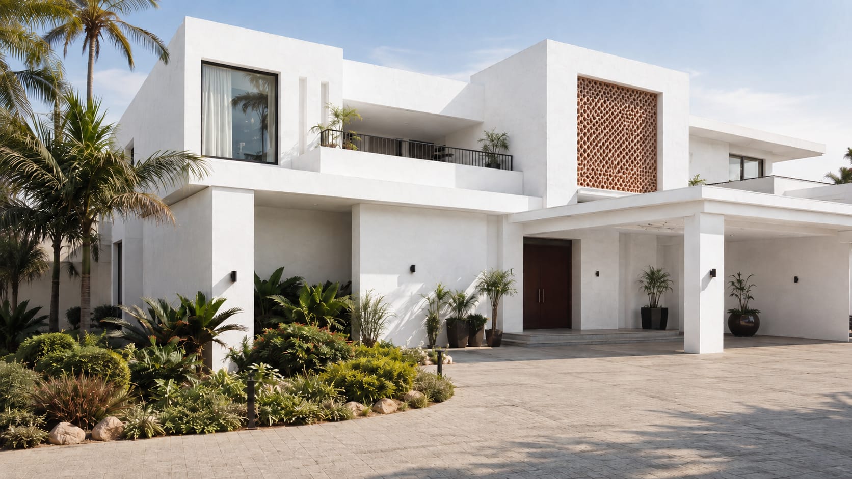 White textured exterior walls on a modern villa